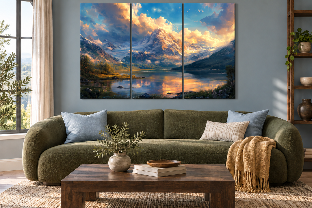 Antique mountain lake landscape multi-panel wall art above an olive green sofa in a living room.