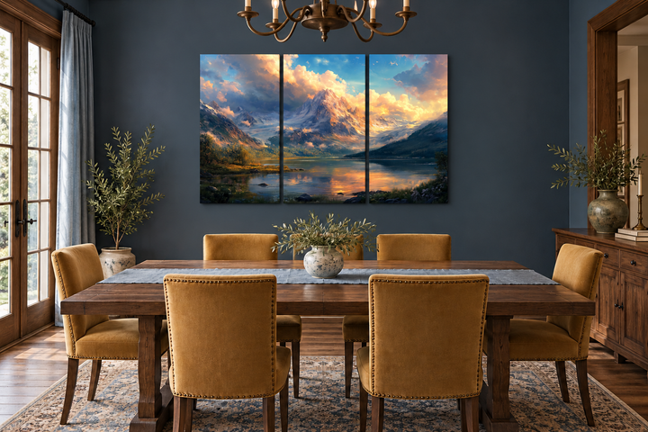 3-panel antique mountain lake landscape wall art in a dark blue dining room with yellow chairs.