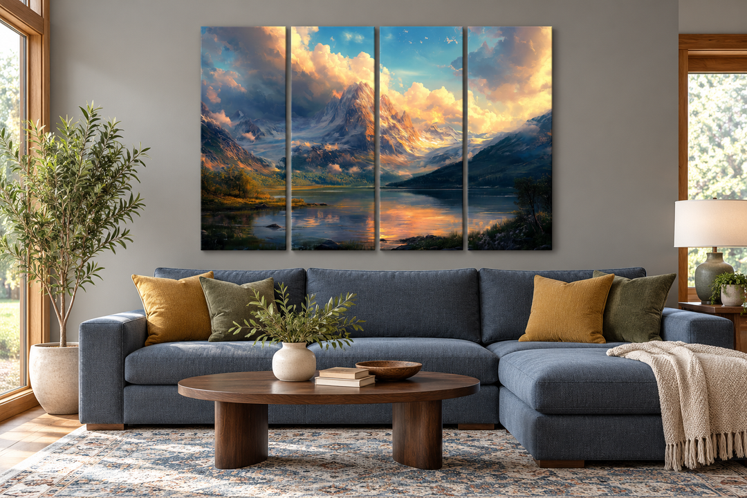 4-panel antique mountain lake landscape wall art above a blue sectional in a cozy living room.