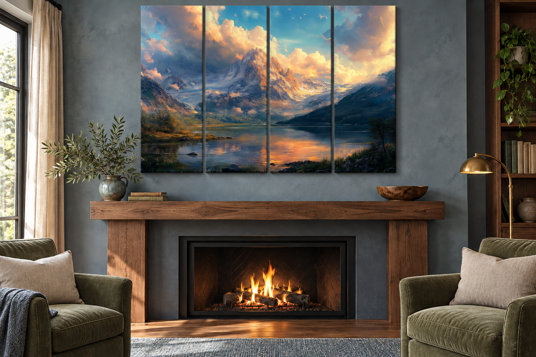 5 piece antique mountain lake landscape multi-panel wall art hanging above a fireplace.