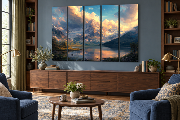 5 piece antique mountain lake landscape multi-panel wall art above a wooden sideboard.