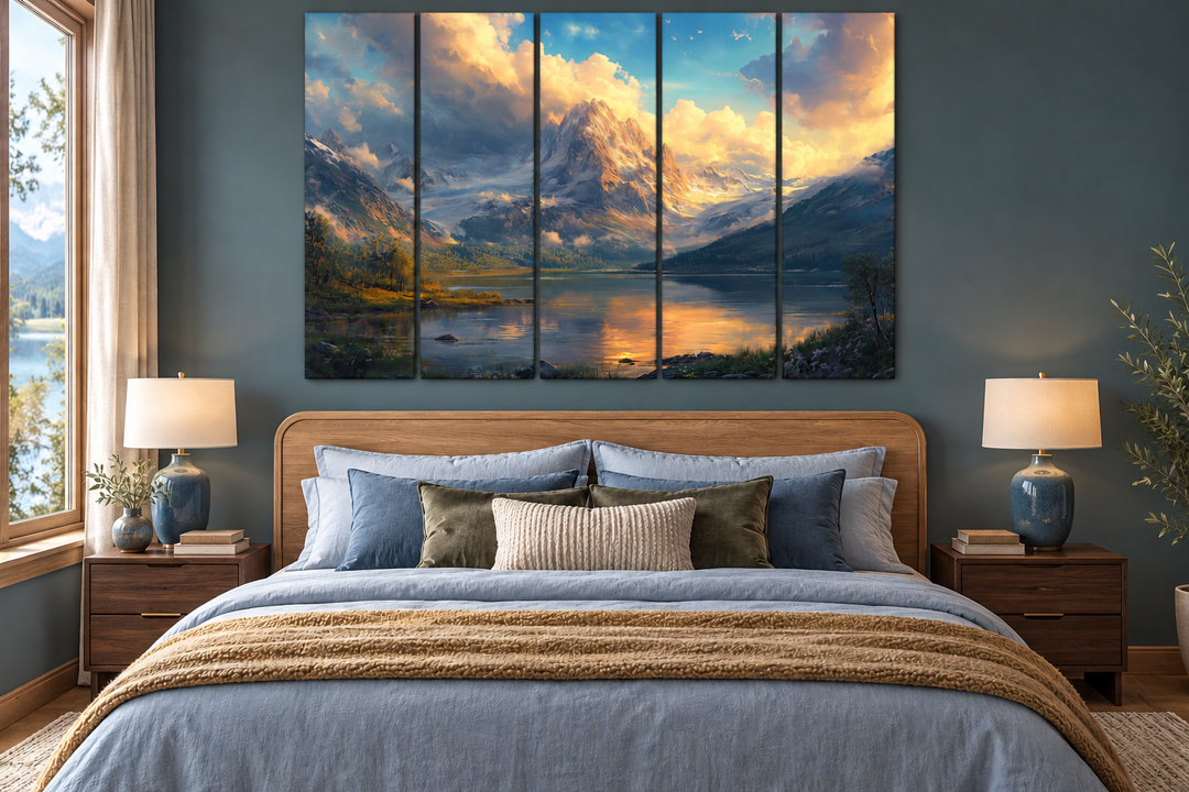 5 piece antique mountain lake landscape multi-panel wall art hanging above a bed in a bedroom.