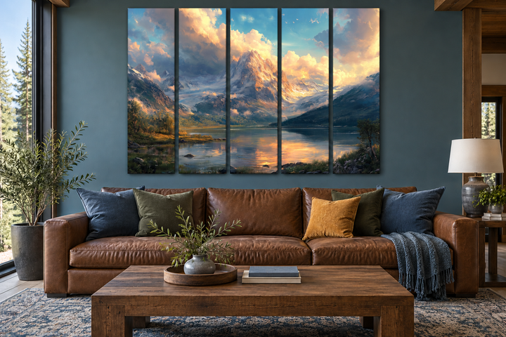 5 piece antique mountain lake landscape wall art displayed above a brown leather sofa.