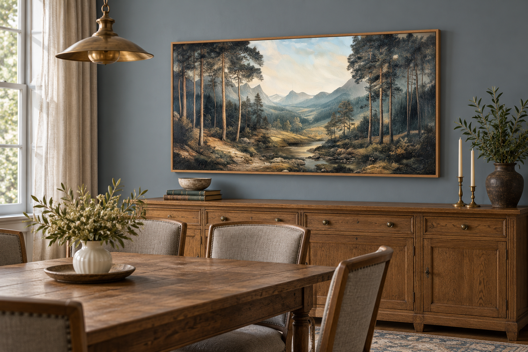 Antique mountain forest landscape canvas wall art in a gold frame above a wooden sideboard.