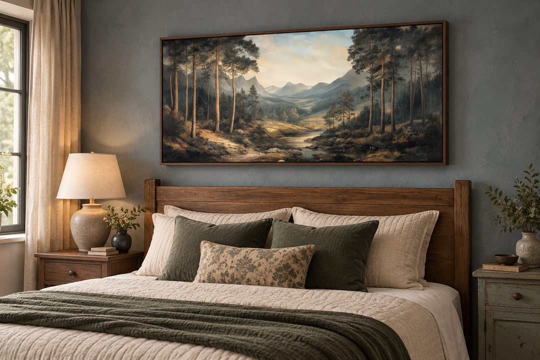 Antique style mountain forest landscape canvas wall art in a dark wood frame above a wooden bed.