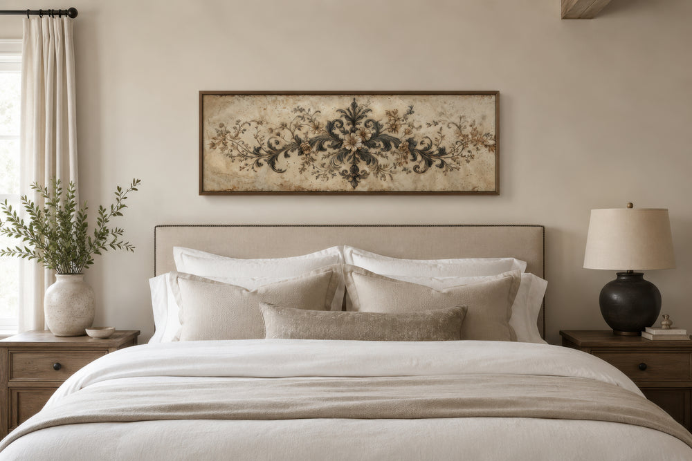 Antique neutral long narrow damask canvas wall art displayed above a bed in a neutral bedroom.