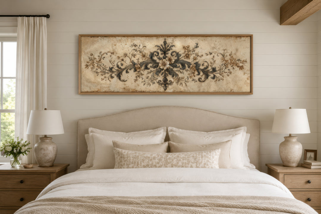 Antique neutral long narrow damask canvas wall art displayed above a bed in a neutral bedroom.
