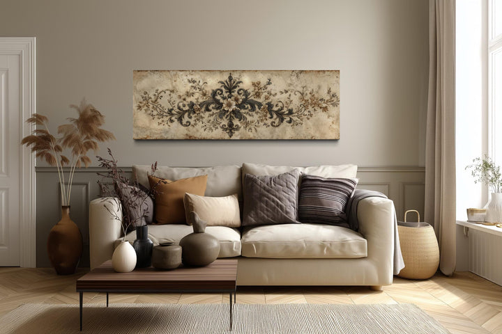 Antique neutral long narrow damask canvas wall art displayed above a sofa in a modern living room.