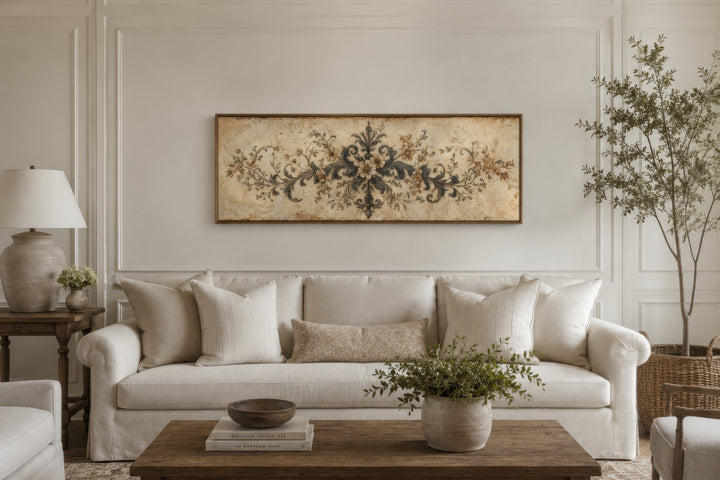 Antique neutral long narrow damask canvas wall art featuring a French ornamental design.
