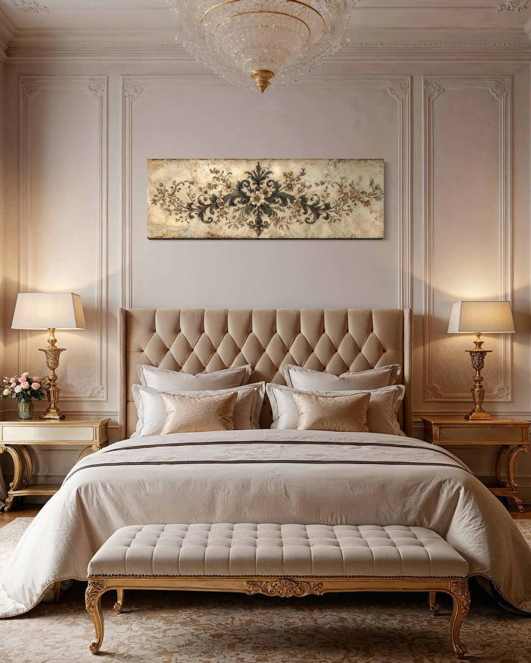 Antique neutral long narrow damask canvas wall art displayed above a bed in a luxury bedroom.