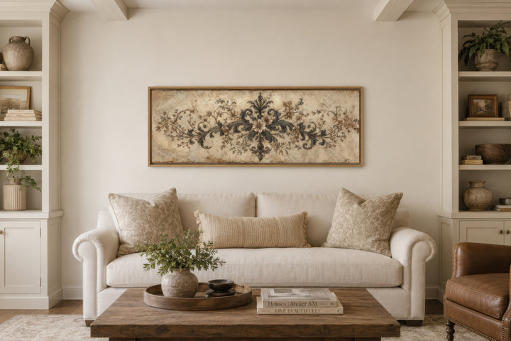 Antique neutral long narrow damask canvas wall art featuring a French ornamental design.