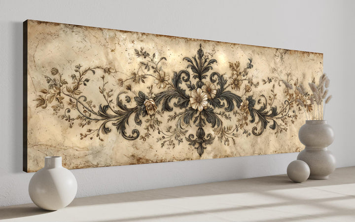 Antique neutral long narrow damask canvas wall art featuring an ornamental floral scroll design.