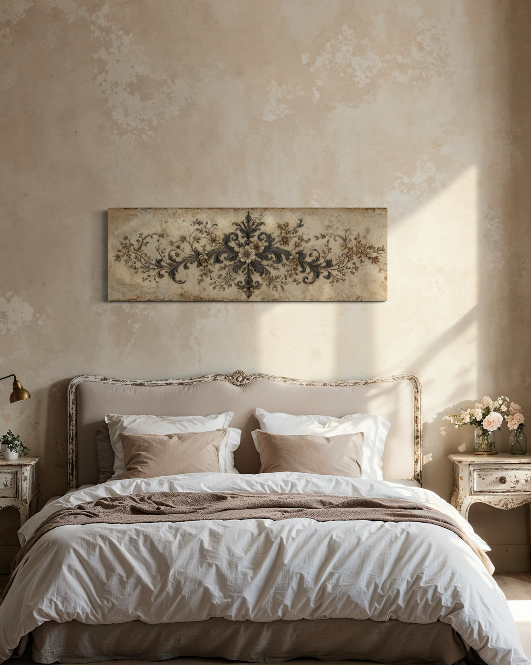Antique neutral long narrow damask canvas wall art displayed above a bed in a rustic bedroom.