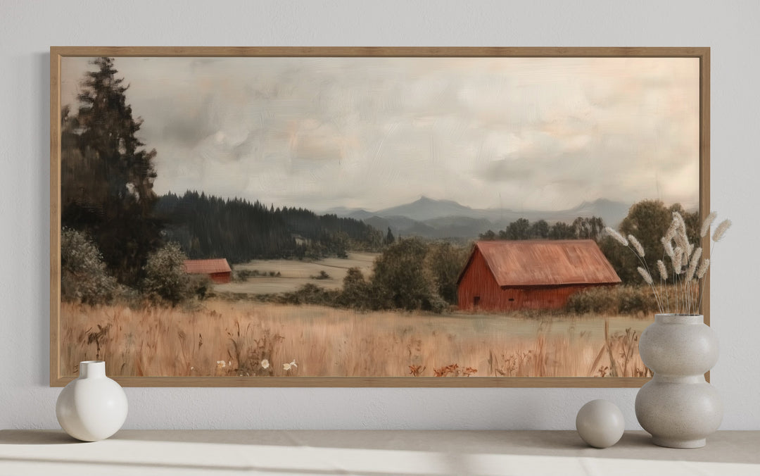 Antique Old Red Barn In The Field Framed Canvas Wall Art