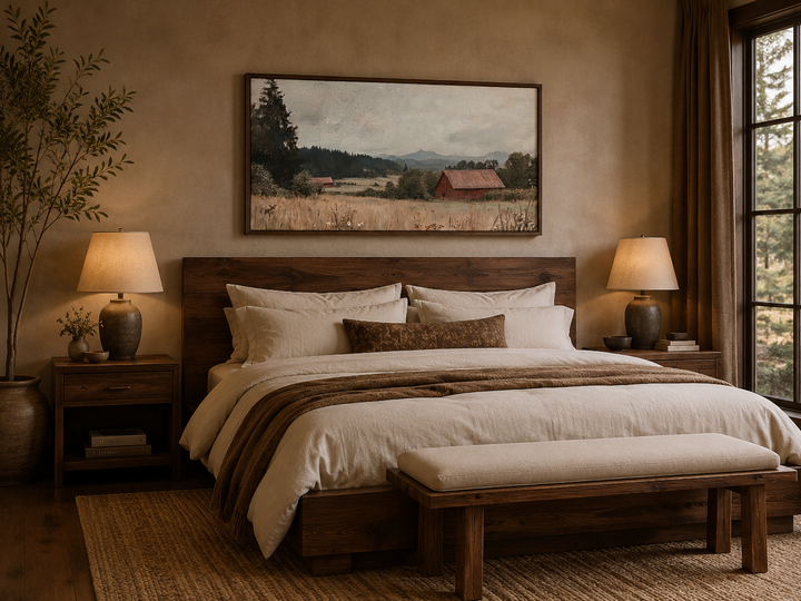 Framed antique red barn canvas print hanging above a wooden bed in a rustic farmhouse bedroom.