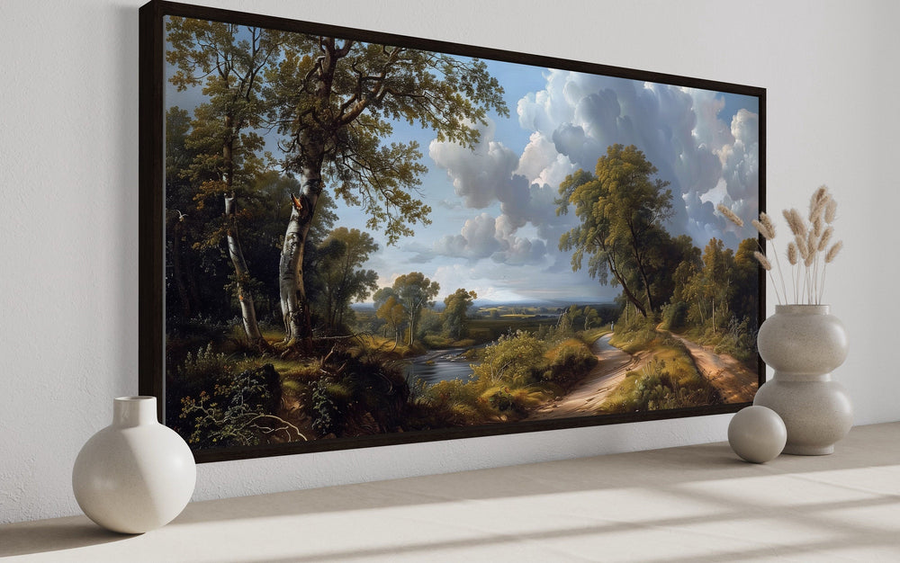 Antique River Landscape Art – Framed Canvas Wall Art | Rustic Home Decor