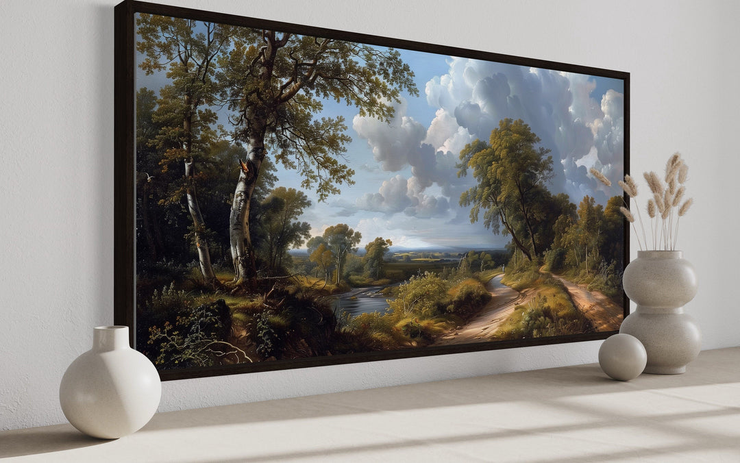 Antique River Landscape Art – Framed Canvas Wall Art | Rustic Home Decor