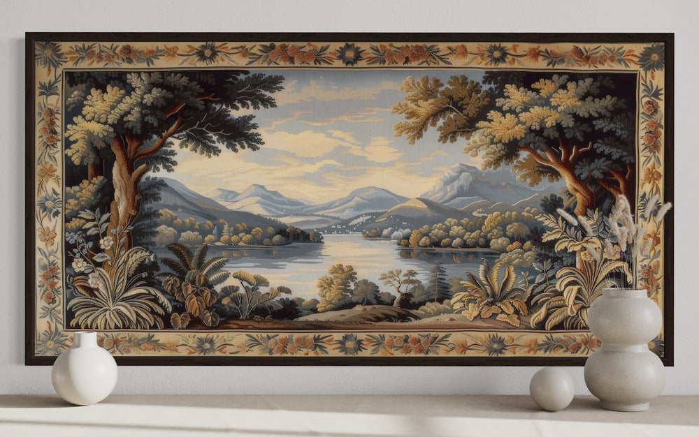 Antique River Landscape Framed Tapestry Canvas Wall Art