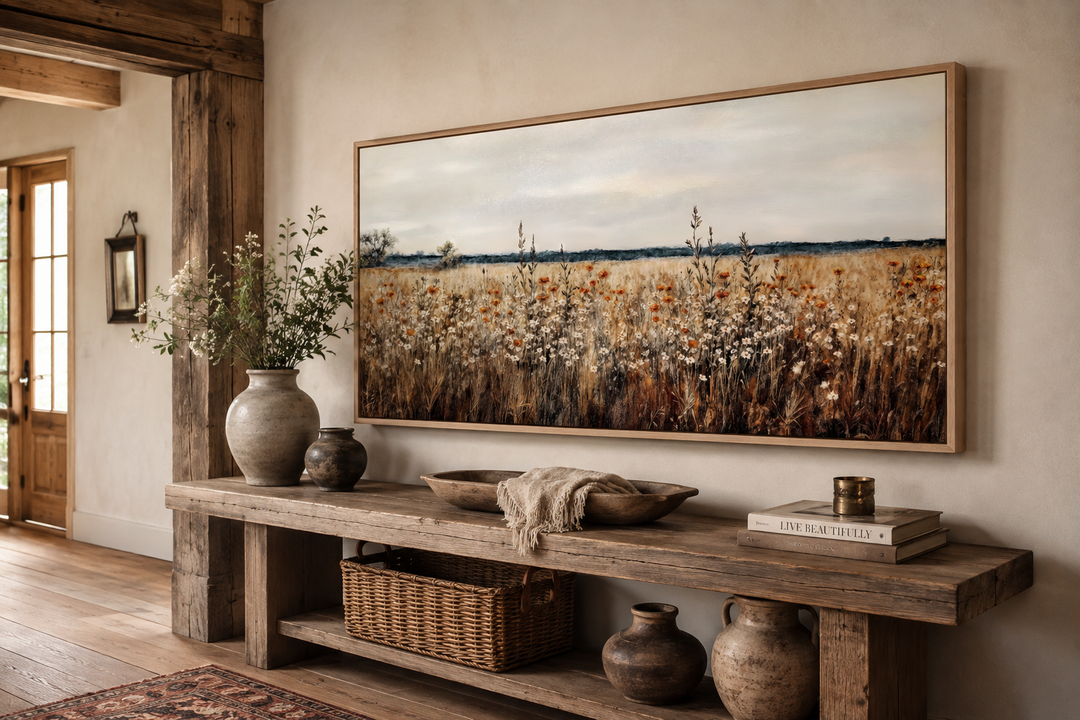Antique rustic wildflowers field framed canvas wall art above a wooden console table.