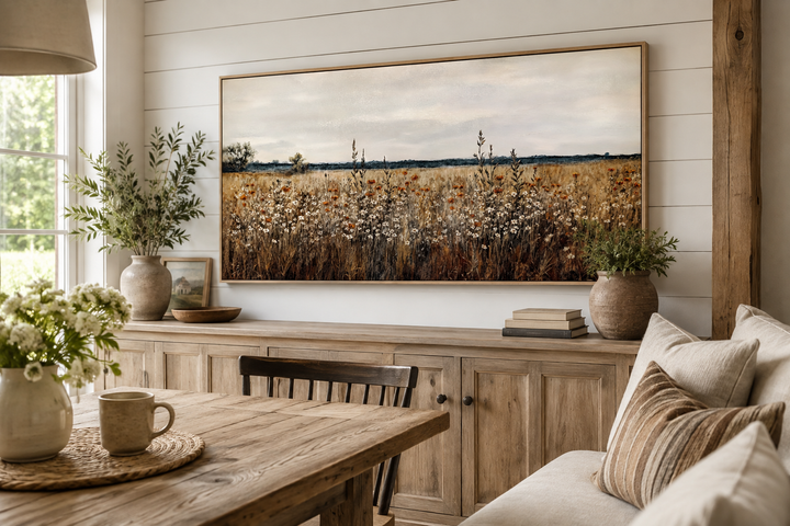 Antique rustic wildflowers field framed canvas wall art hanging above a wooden sideboard.