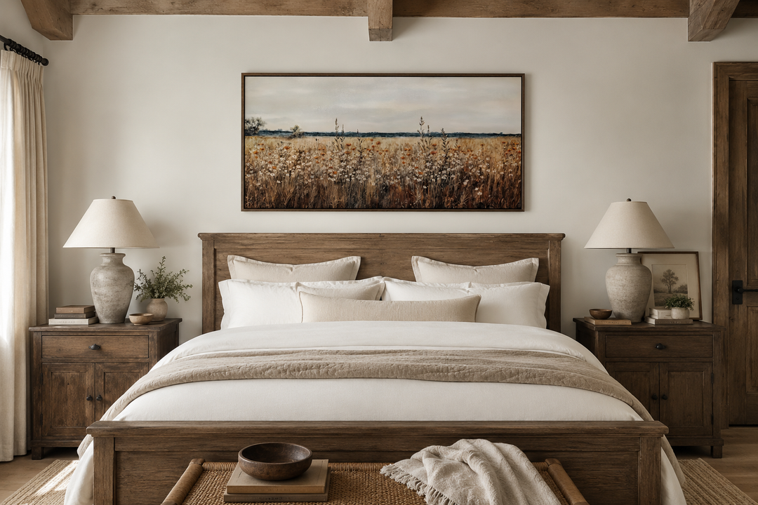 Antique rustic wildflowers field framed canvas wall art hanging above a wooden bed in a bedroom.