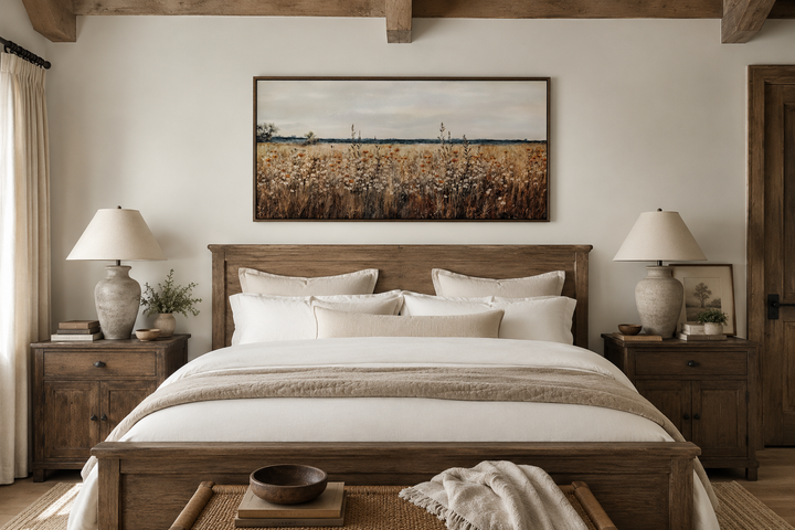 Antique rustic wildflowers field framed canvas wall art hanging above a wooden bed in a bedroom.