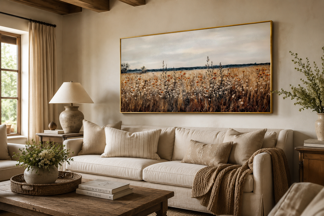 Antique rustic wildflowers field framed canvas wall art hanging above a neutral sofa in a room.