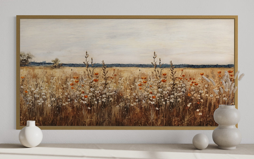 Antique rustic wildflowers field framed canvas wall art with amber and neutral tones.
