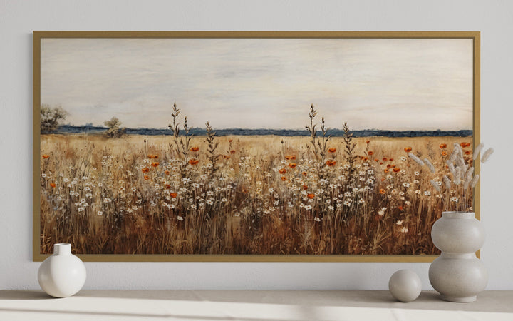 Antique rustic wildflowers field framed canvas wall art with amber and neutral tones.
