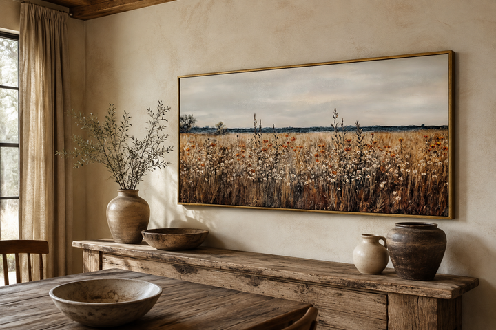 Antique rustic wildflowers field framed canvas wall art above a wooden sideboard.