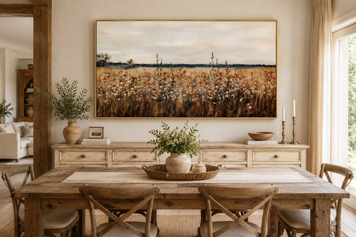 Antique rustic wildflowers field framed canvas wall art hanging above a wooden sideboard.