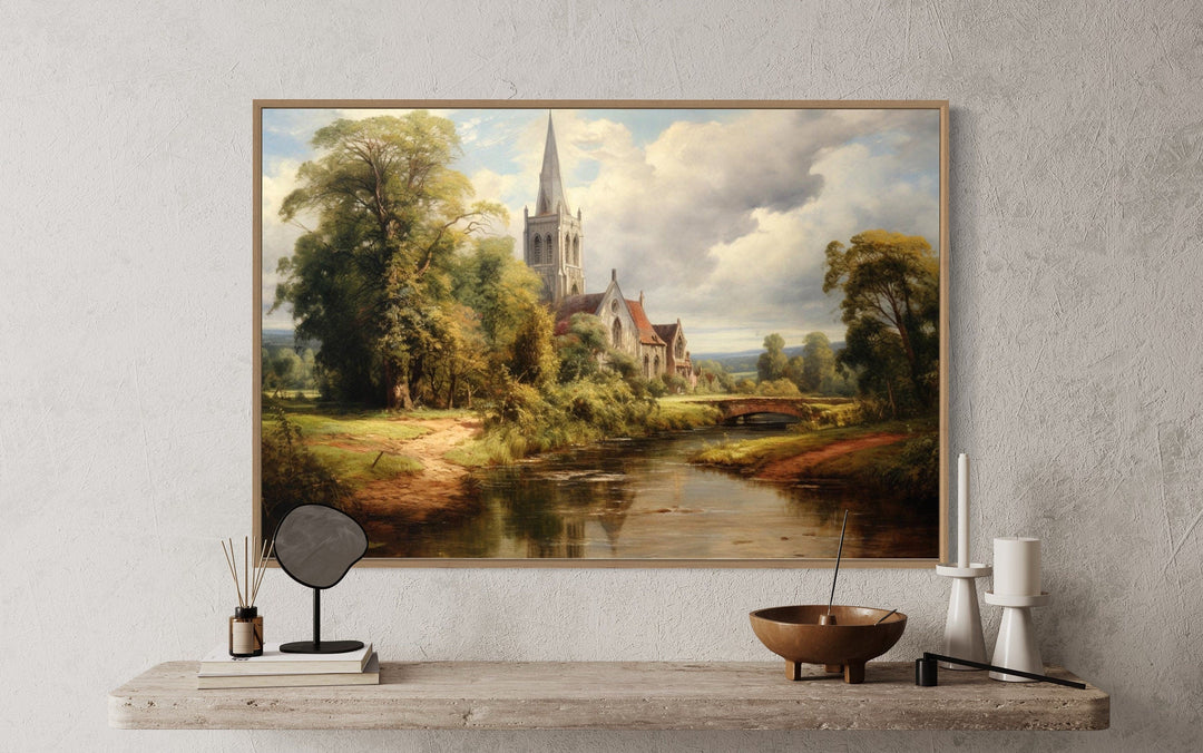 Antique Style Church Painting Framed Christian Canvas Wall Art