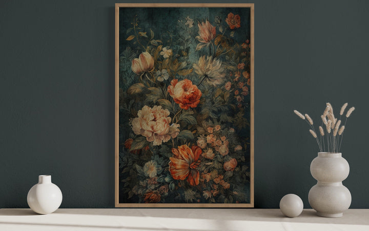 Antique Style Floral European Floral Tapestry Framed Canvas Wall Hanging close up