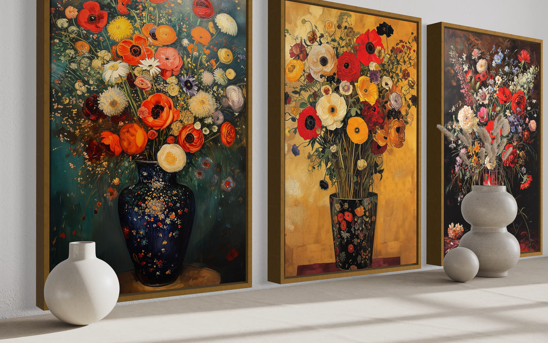 Antique Style Floral Vases Still Life Set of 3 Framed Canvas Wall Art for Dining Room