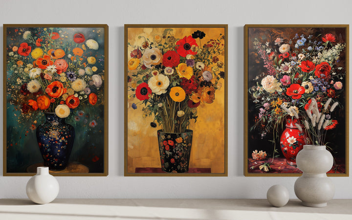 Antique Style Floral Vases Still Life Set of 3 Framed Canvas Wall Art for Dining Room