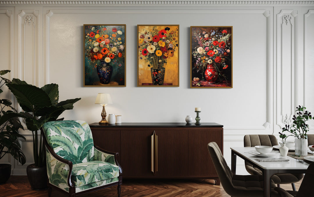 Antique Style Floral Vases Still Life Set of 3 Framed Canvas Wall Art for Dining Room