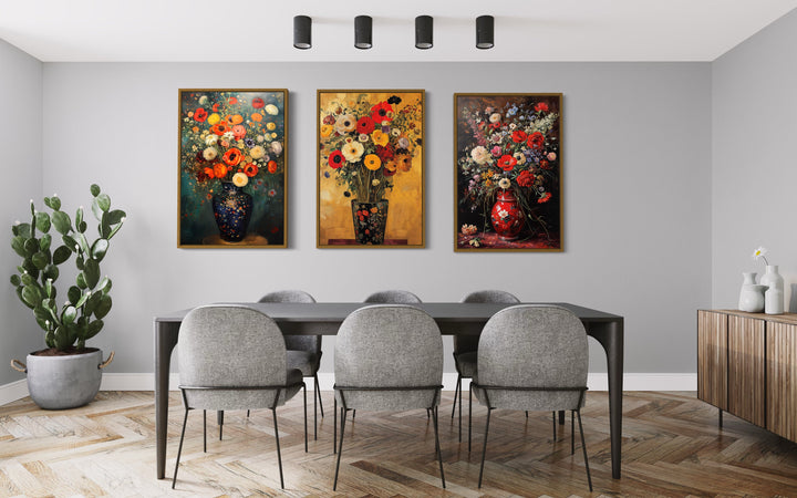 Antique Style Floral Vases Still Life Set of 3 Framed Canvas Wall Art for Dining Room