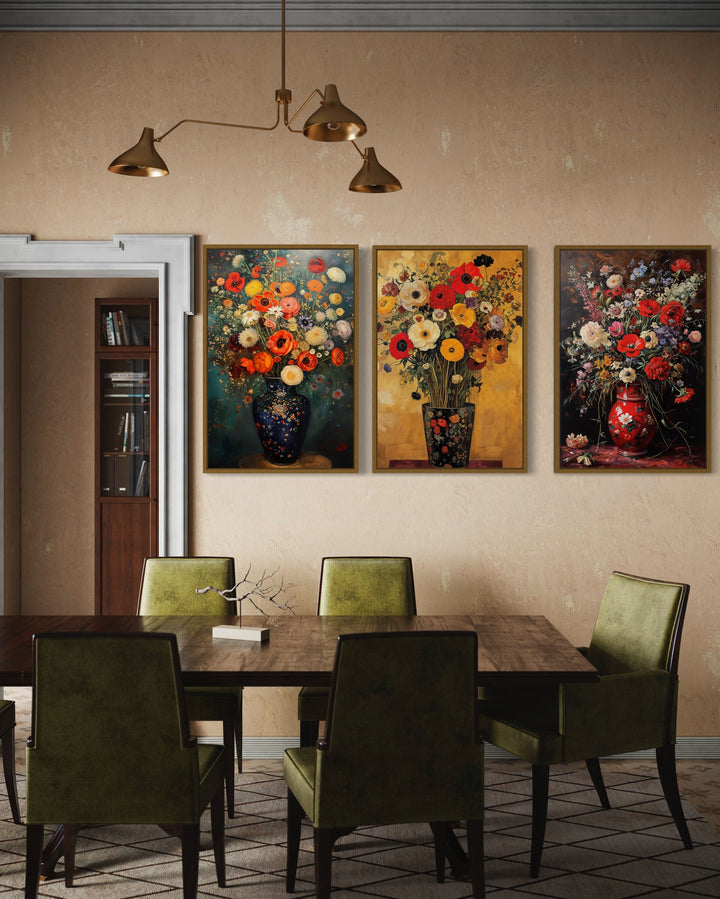 Antique Style Floral Vases Still Life Set of 3 Framed Canvas Wall Art for Dining Room