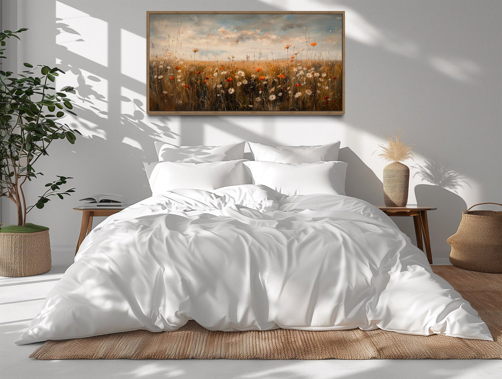 Antique Style Moody Wildflowers Field Framed Canvas Wall Art in bedroom