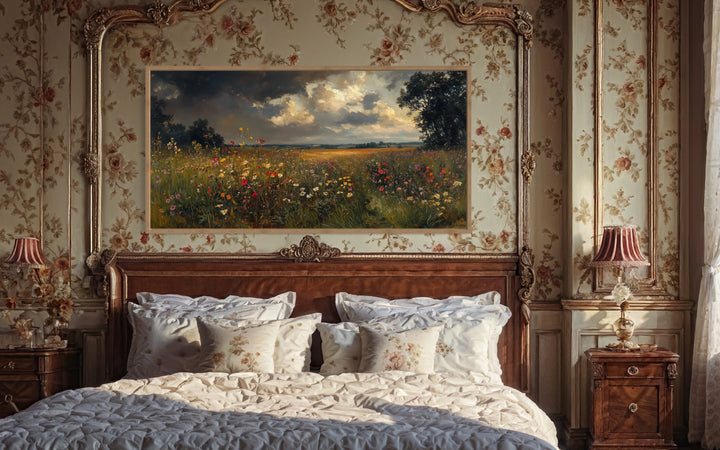 Antique Style Moody Wildflowers Field Framed Canvas Wall Art