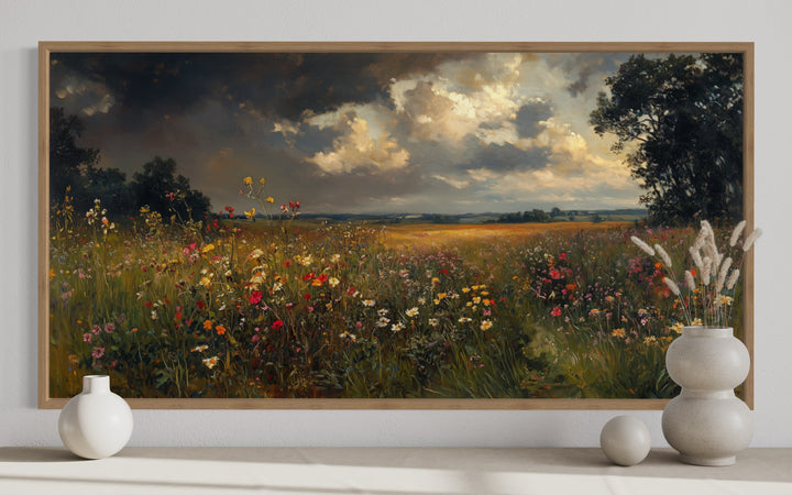 Antique Style Moody Wildflowers Field Framed Canvas Wall Art