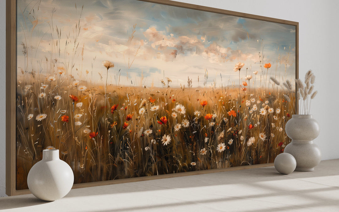 Antique Style Moody Wildflowers Field Framed Canvas Wall Art