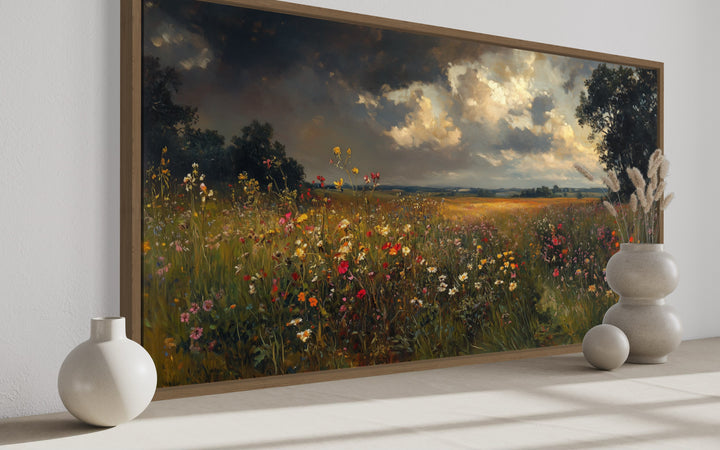 Antique Style Moody Wildflowers Field Framed Canvas Wall Art