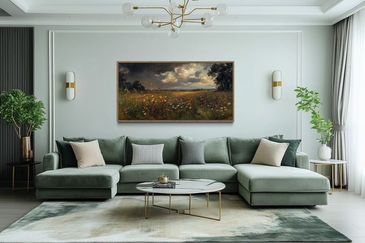 Antique Style Moody Wildflowers Field Framed Canvas Wall Art