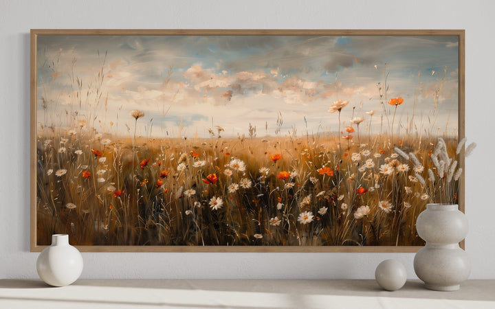 Antique Style Moody Wildflowers Field Framed Canvas Wall Art