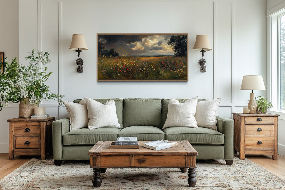 Antique Style Moody Wildflowers Field Framed Canvas Wall Art