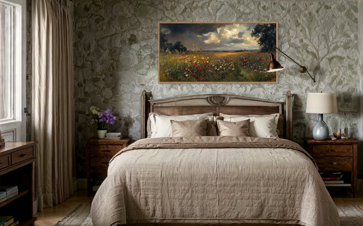 Antique Style Moody Wildflowers Field Framed Canvas Wall Art