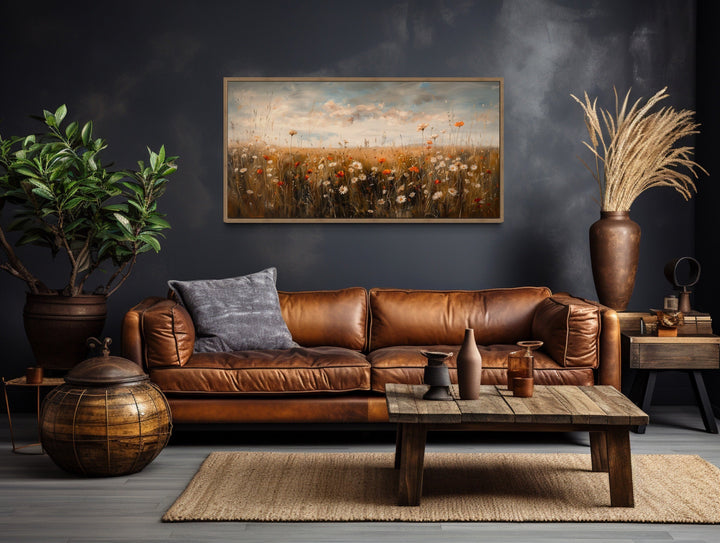 Antique Style Moody Wildflowers Field Framed Canvas Wall Art