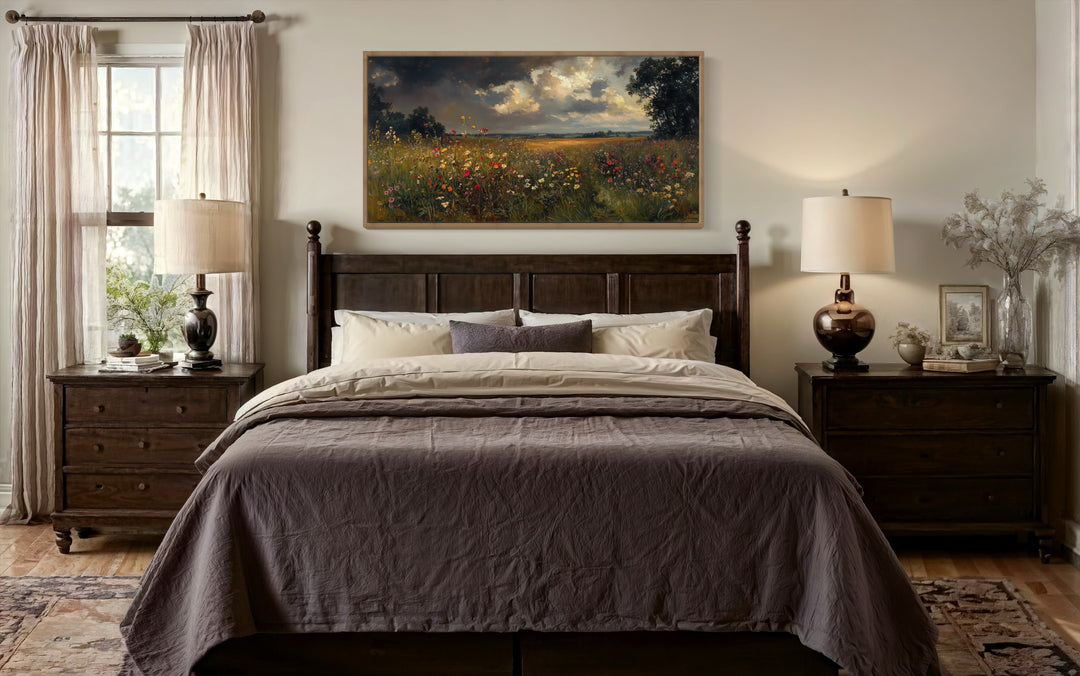 Antique Style Moody Wildflowers Field Framed Canvas Wall Art