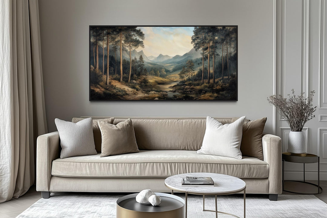 Antique Style Mountain Forest Landscape Canvas Wall Art
